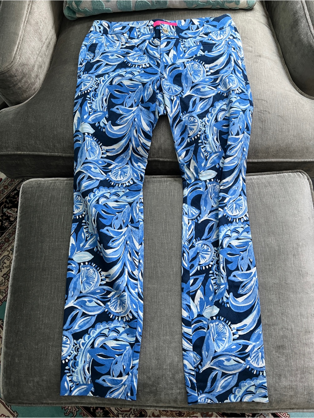 Lilly Pulitzer Kelly Skinny Ankle Pants Blue Floral Paisley Jacquard Size 6